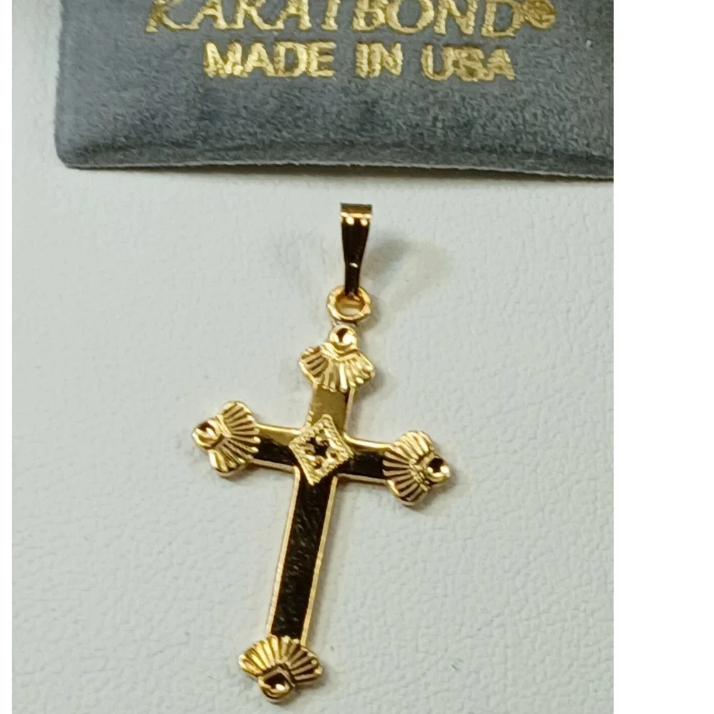 Karatbond Vintage Y2K Gold Ornate Cross Necklace Pendant Made in USA NOS Faith‎